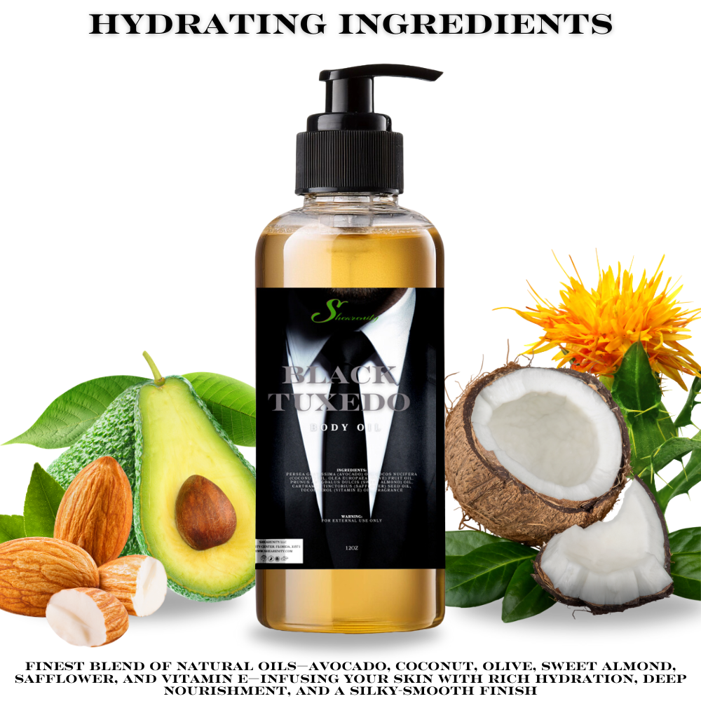Black Tuxedo Nourishing Body Oil - 12oz | Avocado, Coconut, Olive, Sweet Almond & Safflower Oils + Vitamin E