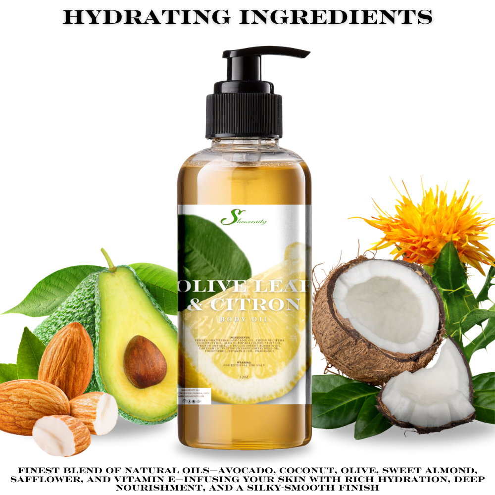 Olive Leaf and Citron Nourishing Body Oil - 12oz | Avocado, Coconut, Olive, Sweet Almond & Safflower Oils + Vitamin E