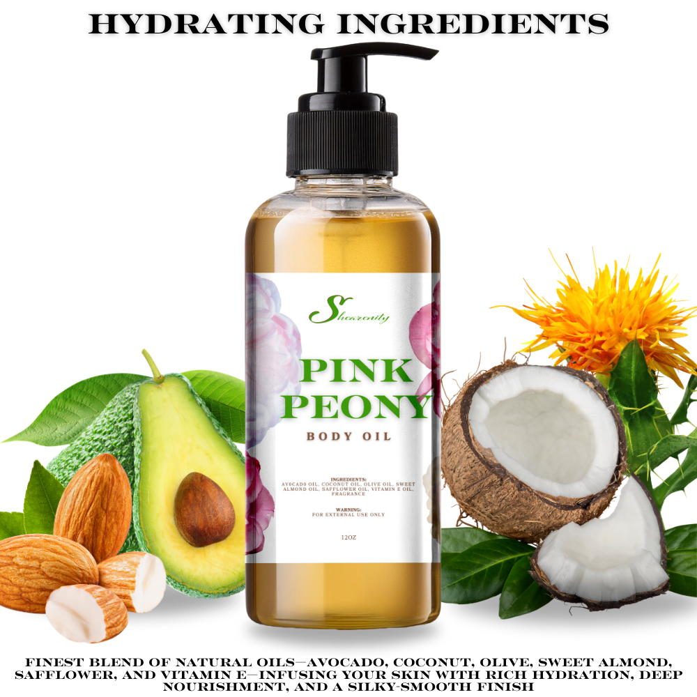 Shearenity Pink Peony Body Oil – 12oz | Avocado, Coconut, & Sweet Almond Oils with Pink Peony Scent,  Hydrating and Nourishing Body Oil