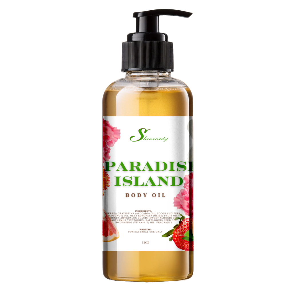 PARADISE ISLAND NOURISHING BODY OIL | 12OZ AVOCADO, COCONUT, OLIVE, SWEET ALMOND OIL, SAFFLOWER OIL, VITAMIN E INFUSED SCENTED BODY OIL