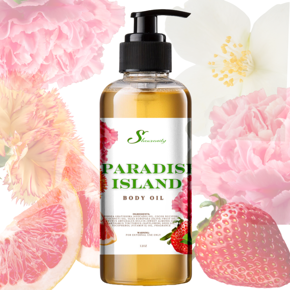 PARADISE ISLAND NOURISHING BODY OIL | 12OZ AVOCADO, COCONUT, OLIVE, SWEET ALMOND OIL, SAFFLOWER OIL, VITAMIN E INFUSED SCENTED BODY OIL