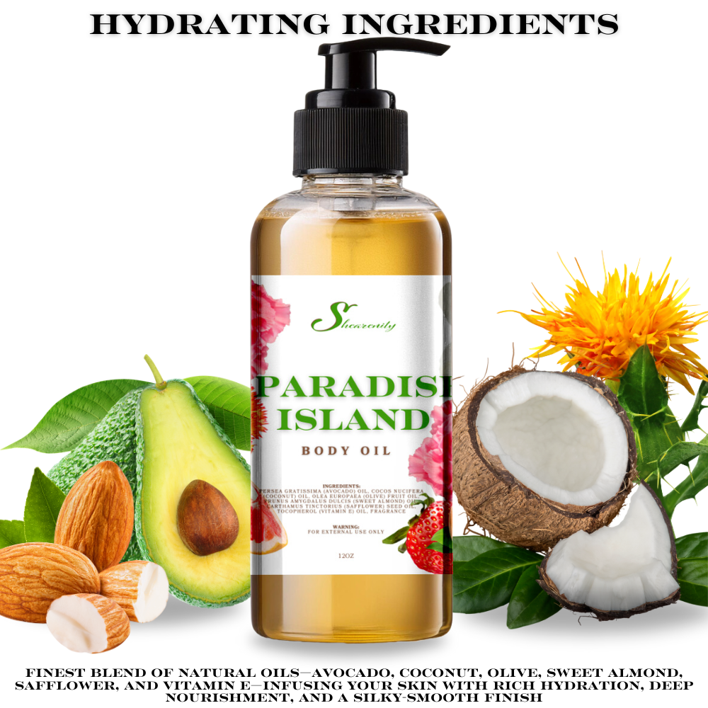 PARADISE ISLAND NOURISHING BODY OIL | 12OZ AVOCADO, COCONUT, OLIVE, SWEET ALMOND OIL, SAFFLOWER OIL, VITAMIN E INFUSED SCENTED BODY OIL