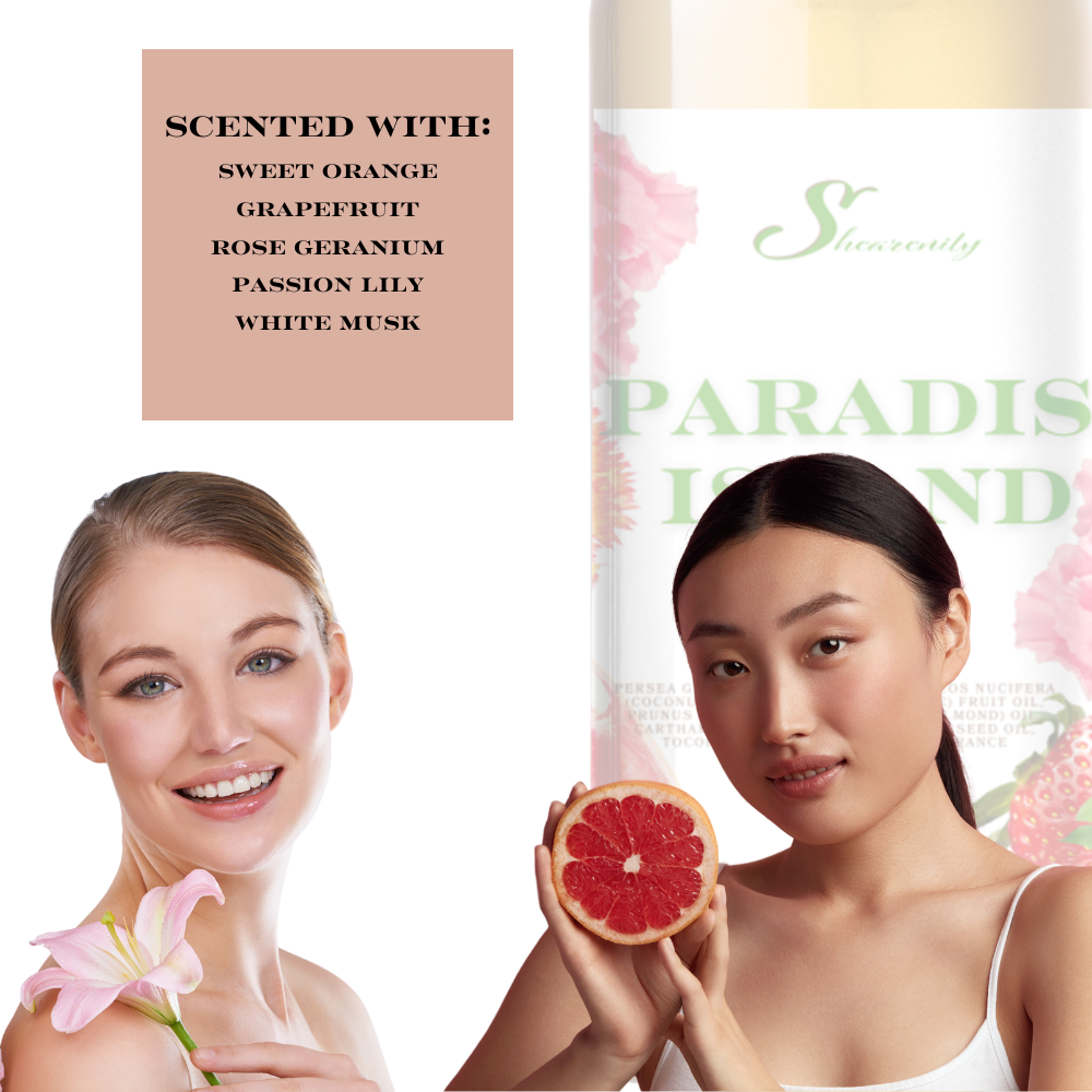 PARADISE ISLAND NOURISHING BODY OIL | 12OZ AVOCADO, COCONUT, OLIVE, SWEET ALMOND OIL, SAFFLOWER OIL, VITAMIN E INFUSED SCENTED BODY OIL
